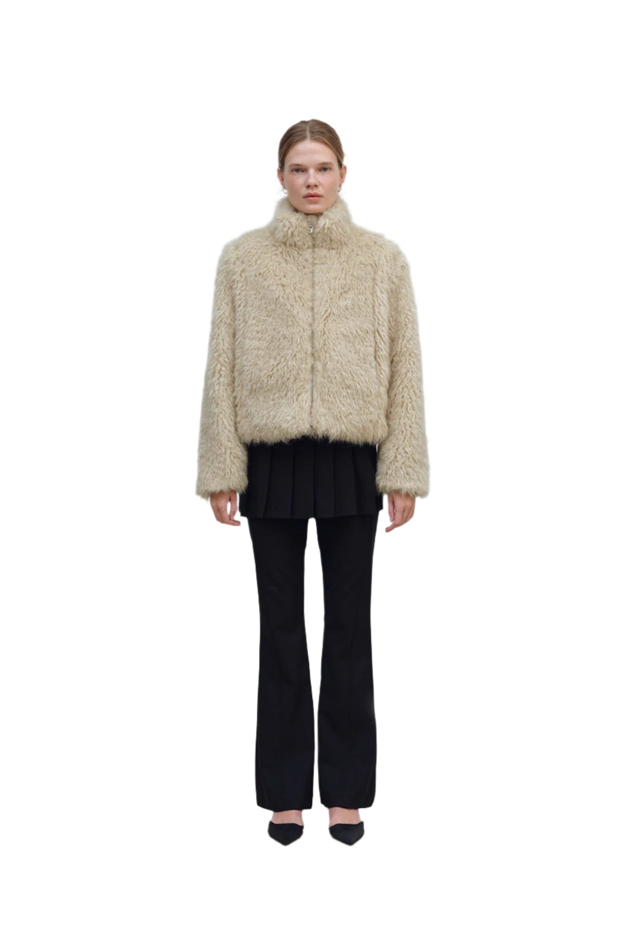 YUSE High Neck Hairy Fur Zip-up Beige