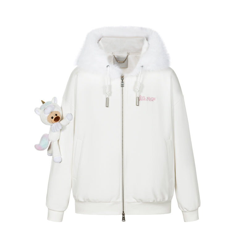 13DE MARZO Unicorn Bear Zipped Hoodie White