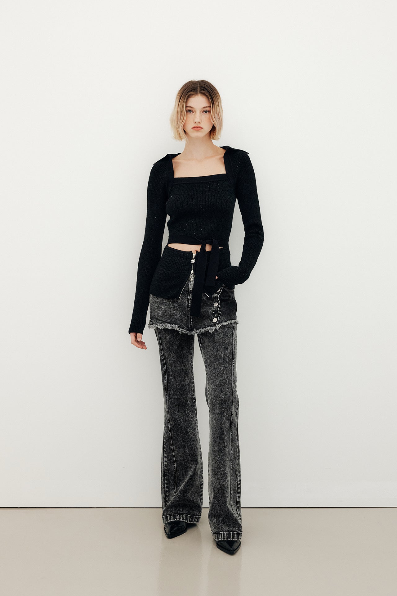 YUSE Glitter Cut Out Strap Knit Top Black