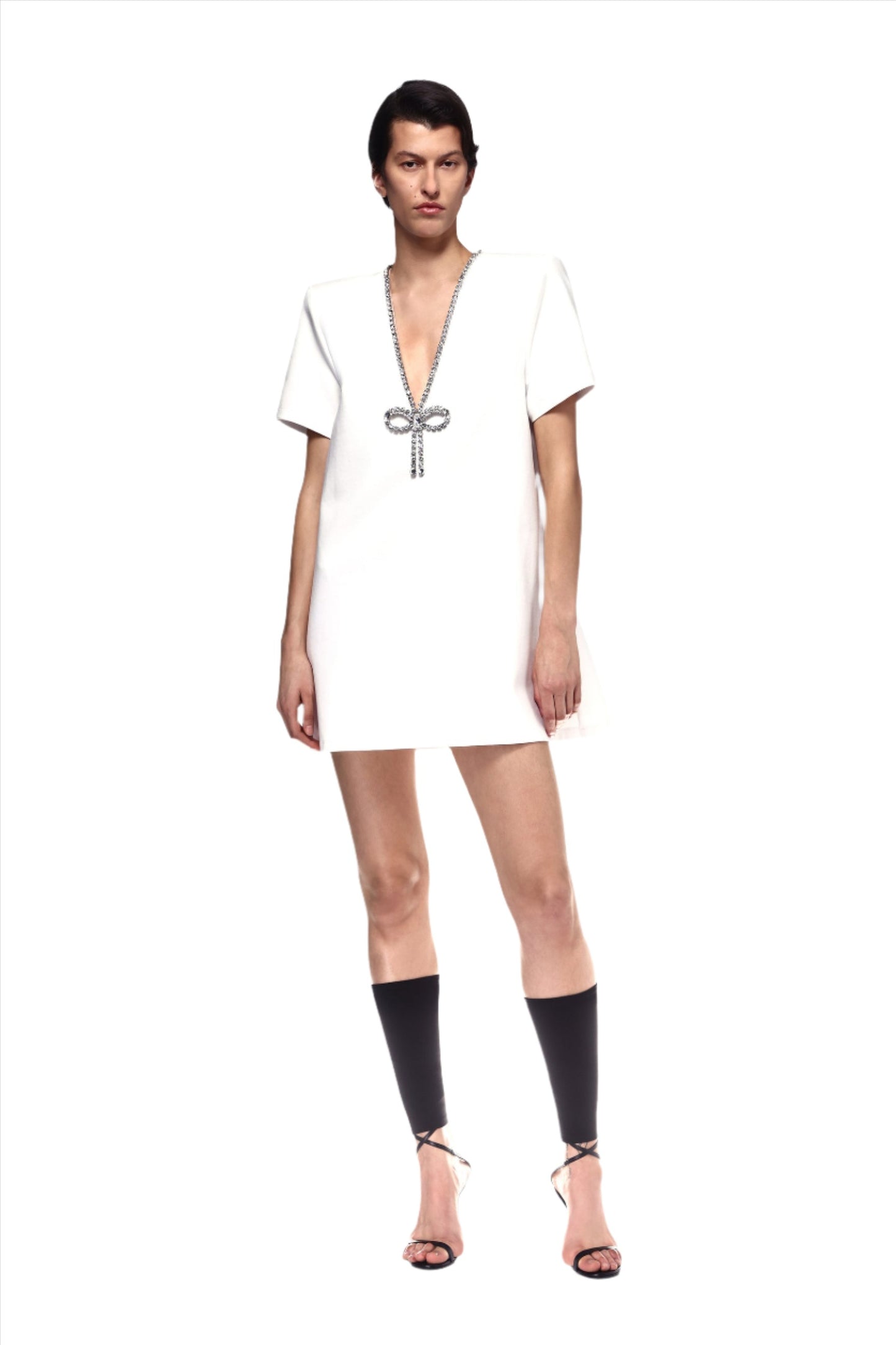 AREA Crystal Bow V-neck T-shirt Dress White