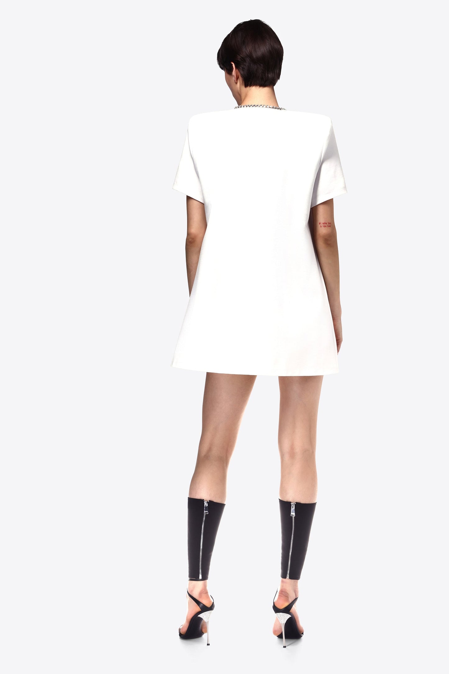 AREA Crystal Bow V-neck T-shirt Dress White