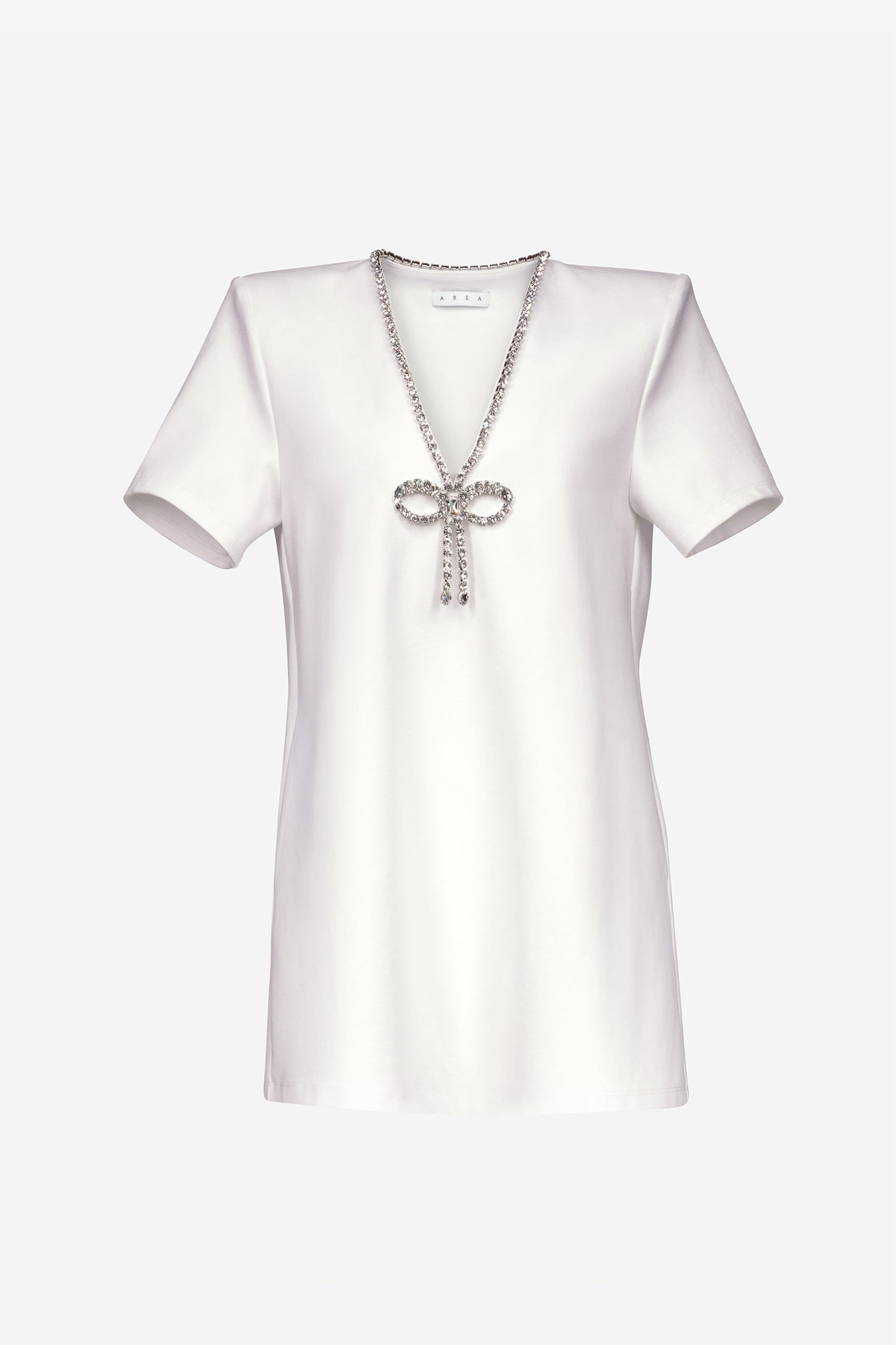 AREA Crystal Bow V-neck T-shirt Dress White