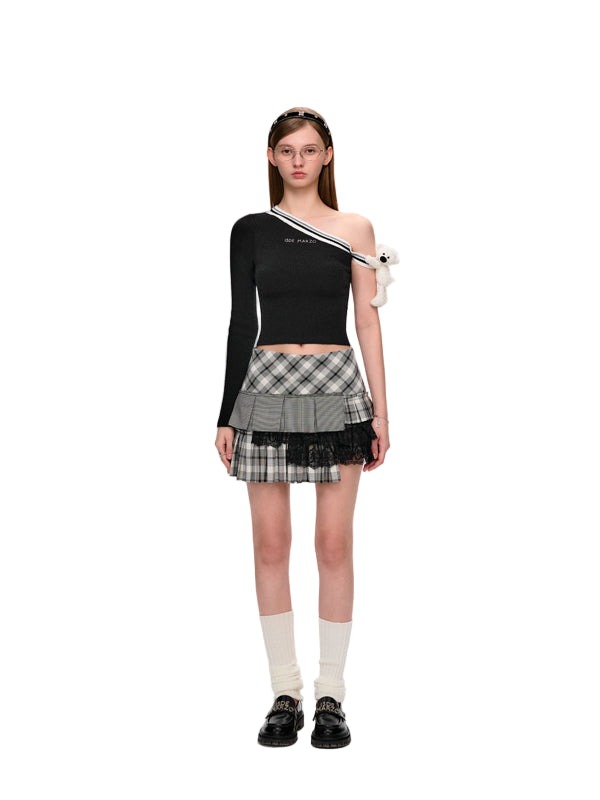 13DE MARZO Asymmetrical Shoulder Knit Long Sleeve Black