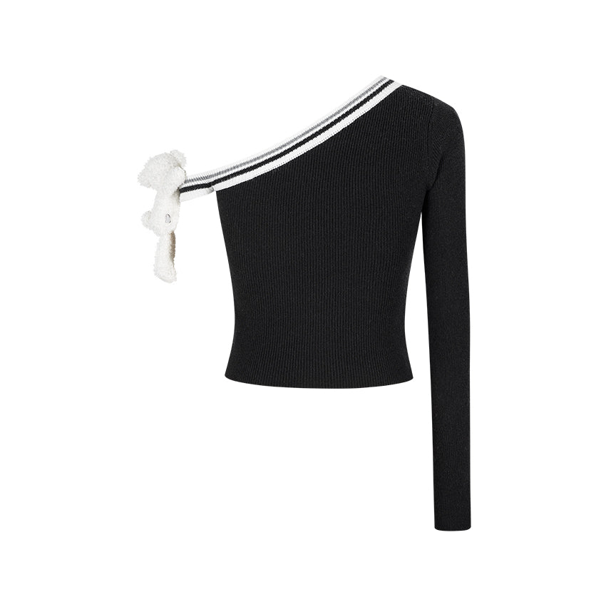 13DE MARZO Asymmetrical Shoulder Knit Long Sleeve Black
