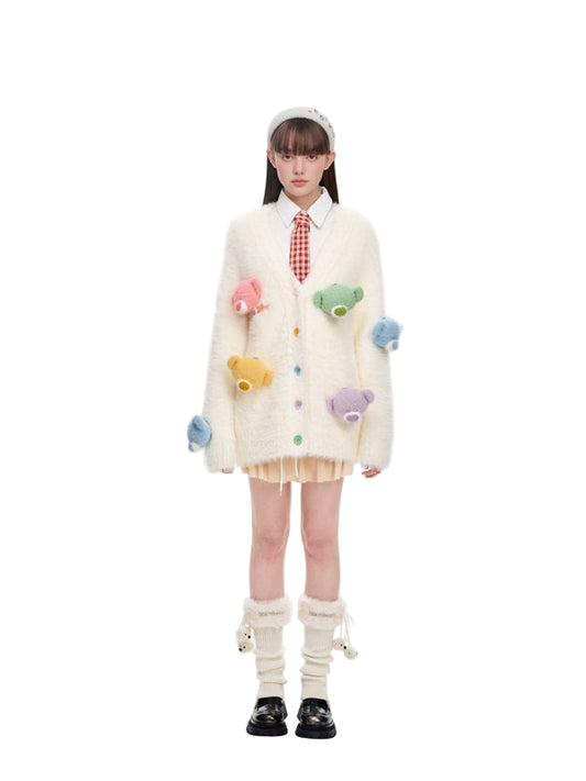 13DE MARZO Doozoo Pastel Bear Cardigan White