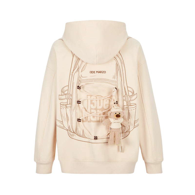 13DE MARZO Bear Backpack Print Hoodie Beige
