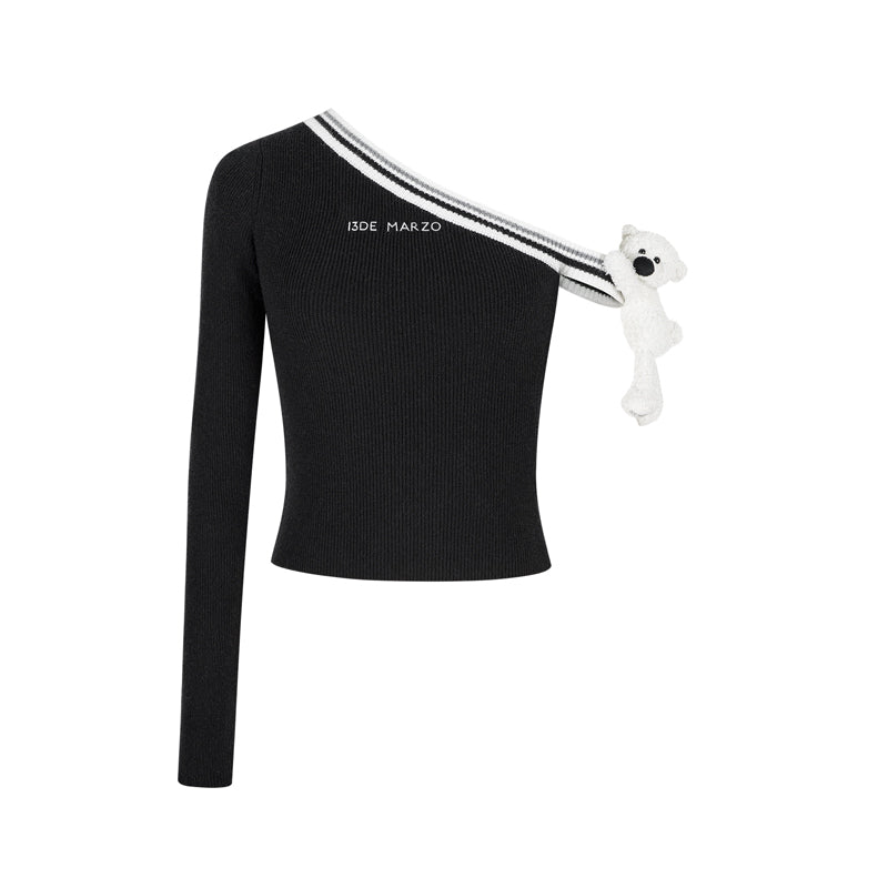 13DE MARZO Asymmetrical Shoulder Knit Long Sleeve Black