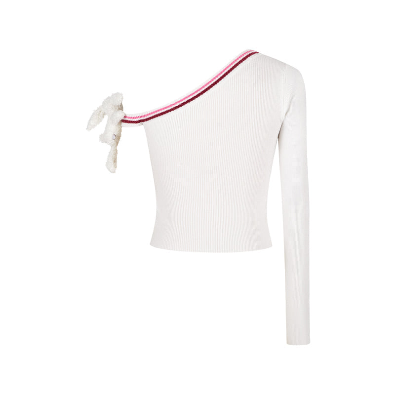13DE MARZO Asymmetrical Shoulder Knit Long Sleeve White