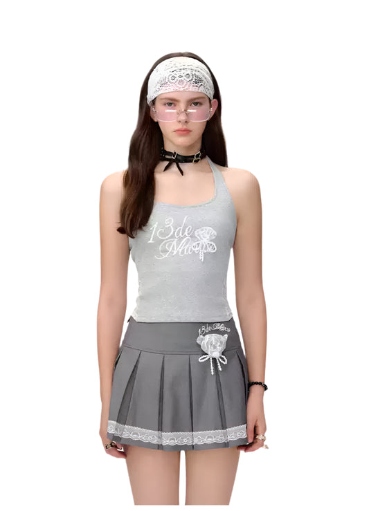 13DE MARZO Bear Lacy Halter Top Grey