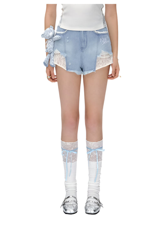 13DE MARZO Bear Lacy Denim Shorts Blue