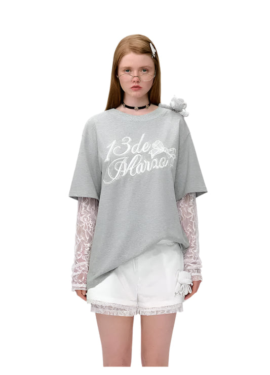 13DE MARZO Bear Layered Lacy T-shirt Grey