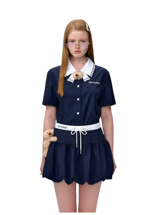 13DE MARZO Bear Sailor Collar Shirt Blue