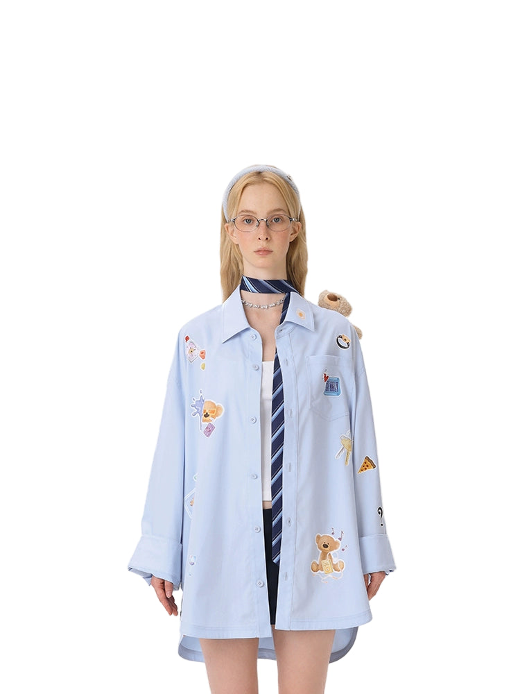 13DE MARZO Bear Stickers Shirt Blue