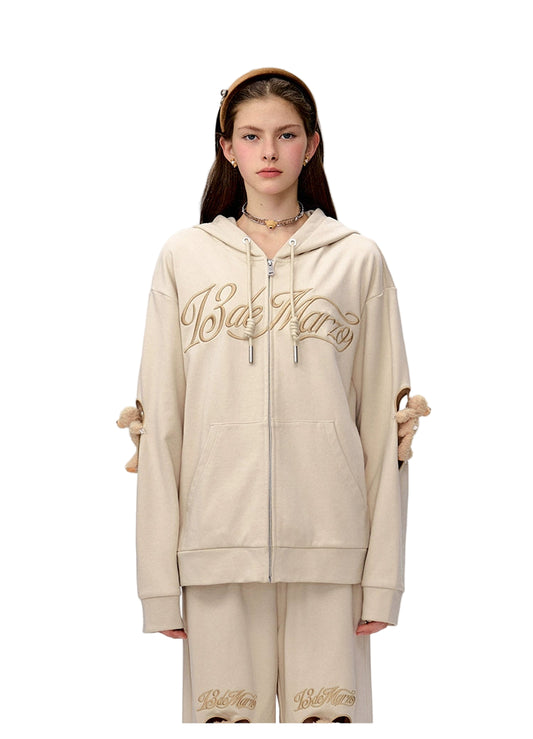 13DE MARZO Doozoo Hollow Heart Zip Hoodie Almond