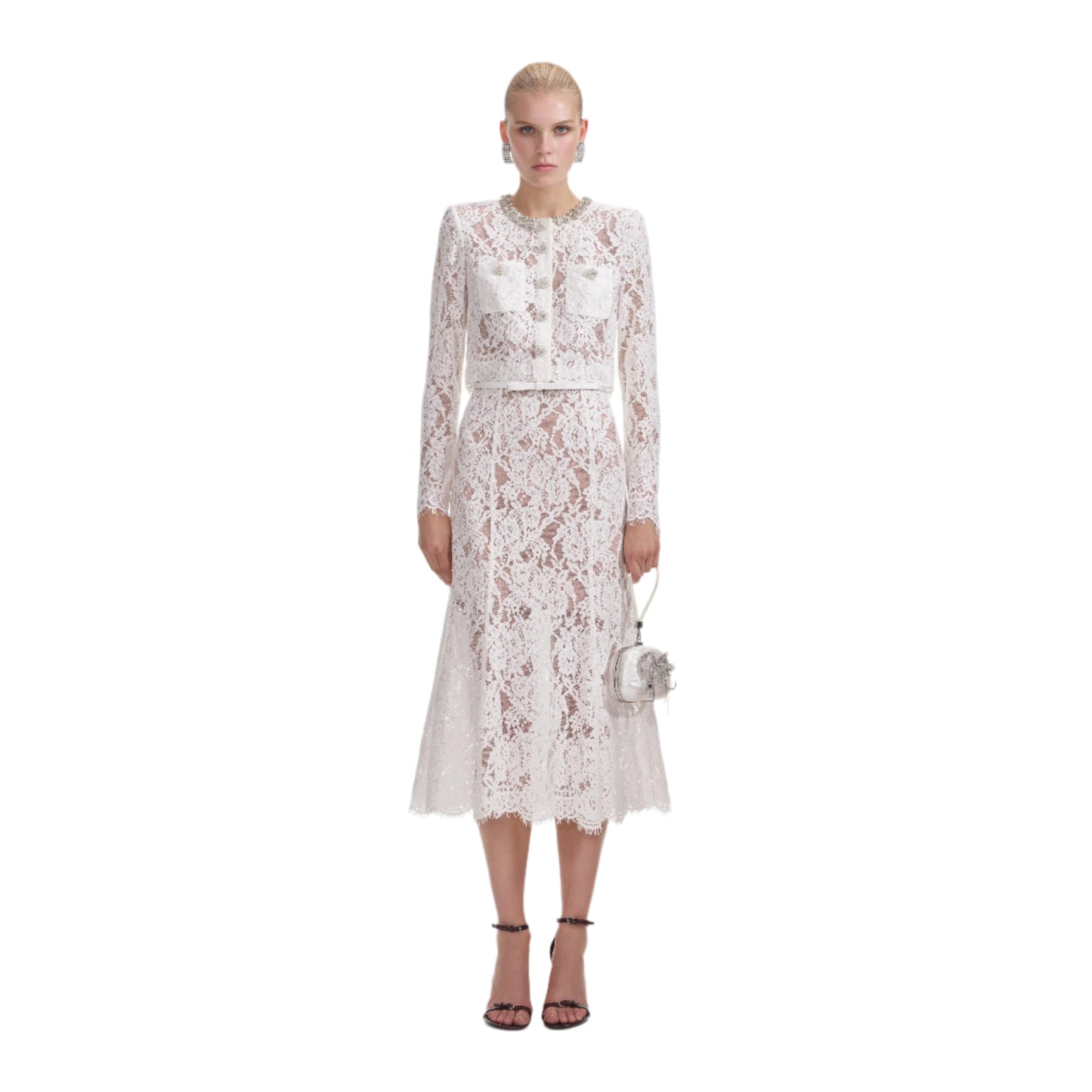 SELF-PORTRAIT White Lace Embellished Midi Dress