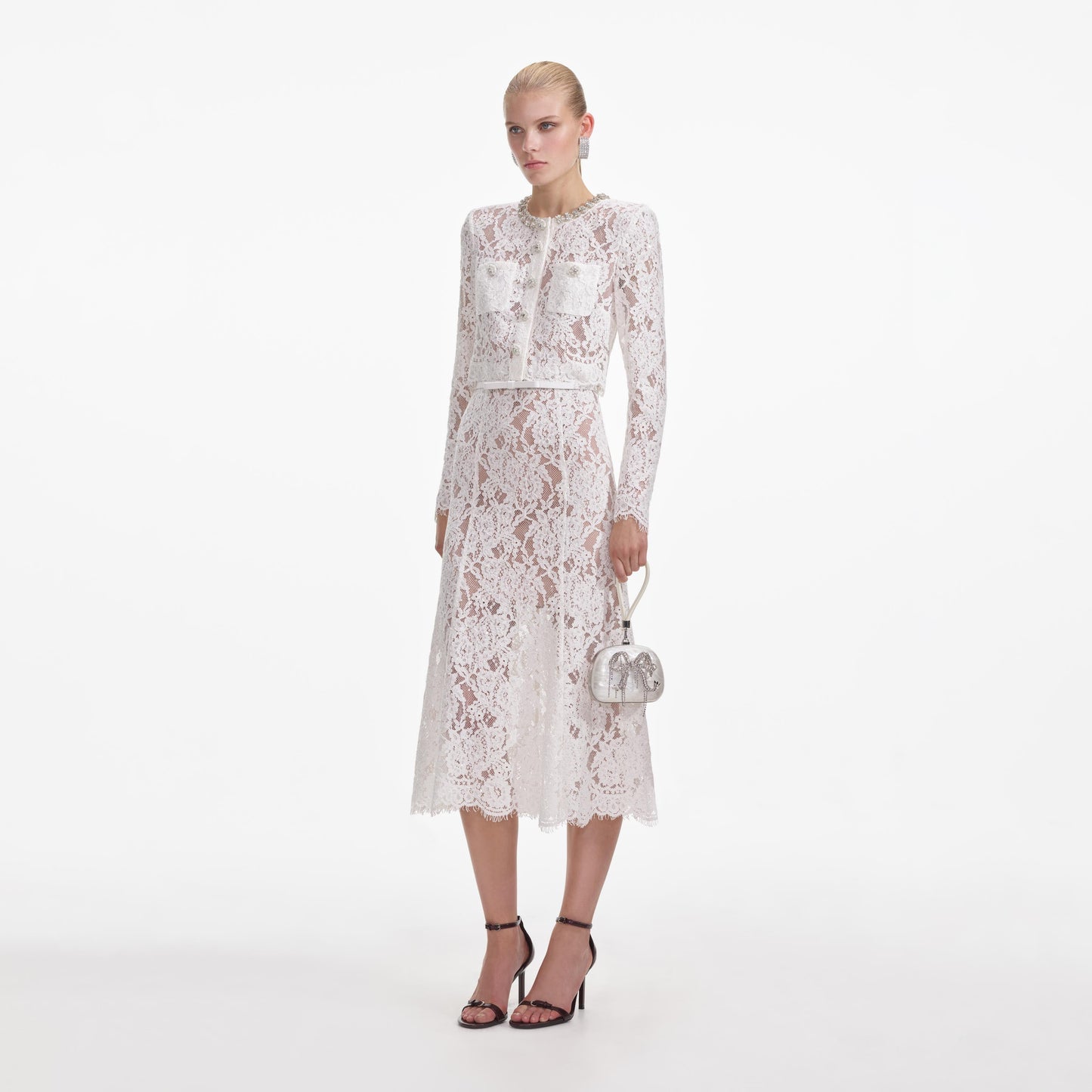 SELF-PORTRAIT White Lace Embellished Midi Dress