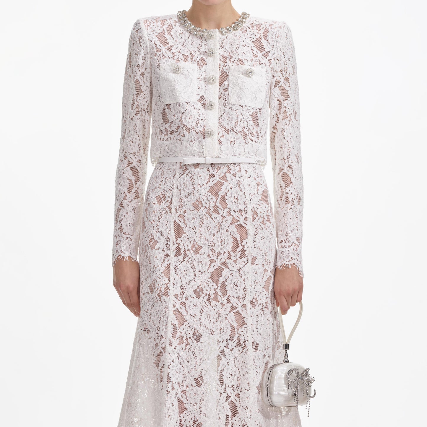 SELF-PORTRAIT White Lace Embellished Midi Dress