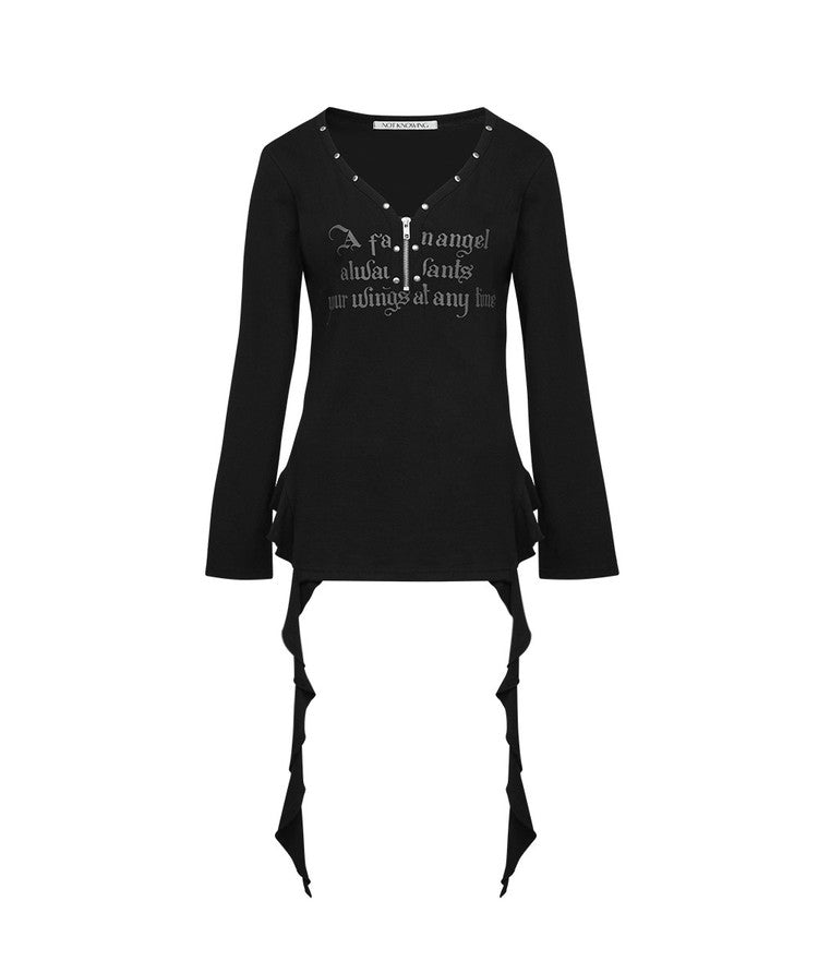 NOTKNOWING STUD V-NECK RUFFLE TOP Black