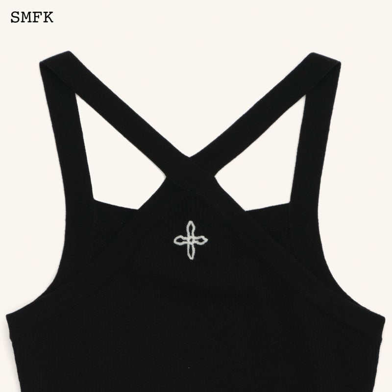 SMFK Temple Dragon Traditional Halter-Neck Knitted Dress Black