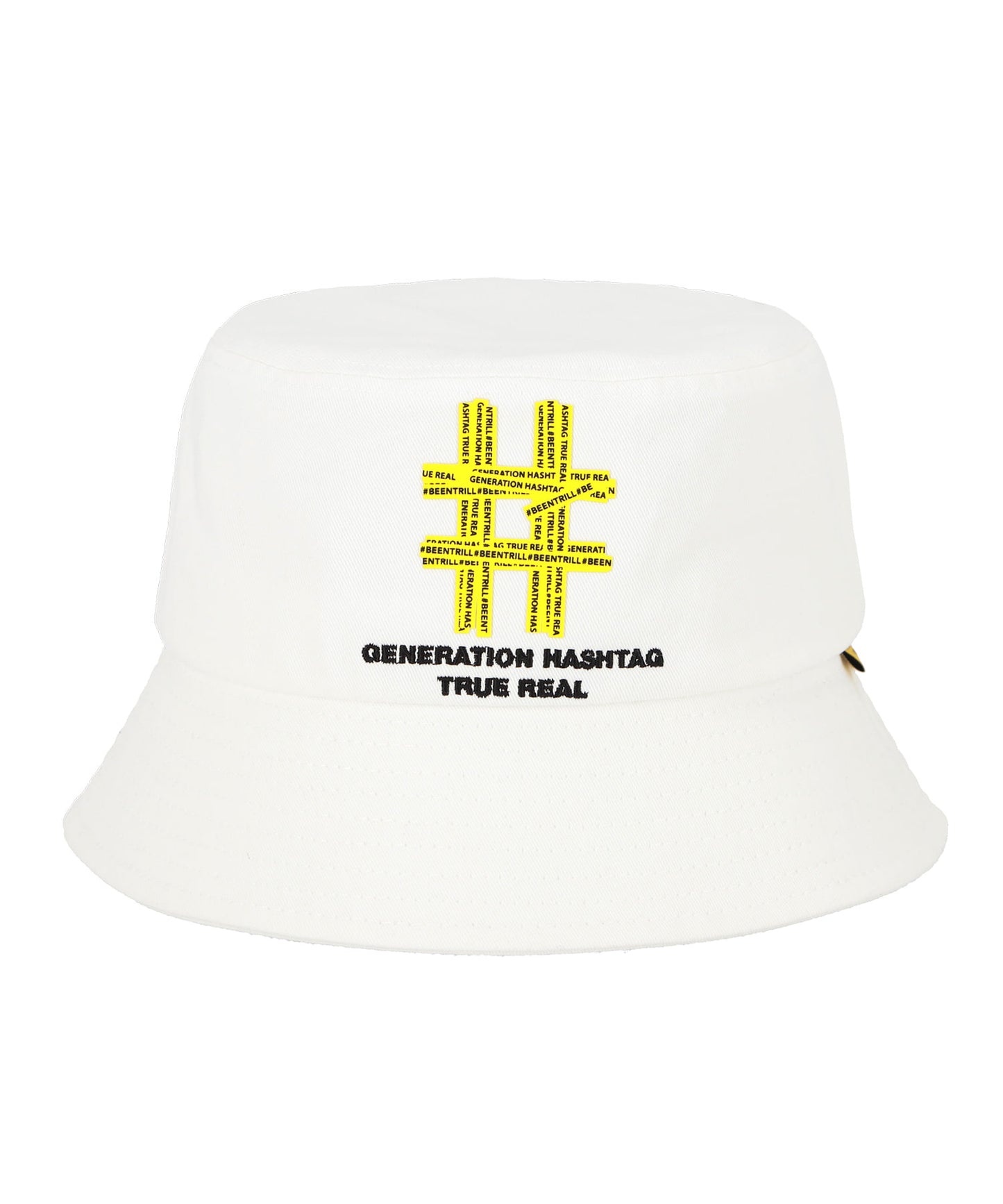 BEENTRILL Yellow Taping Hashtag Bucket Hat White