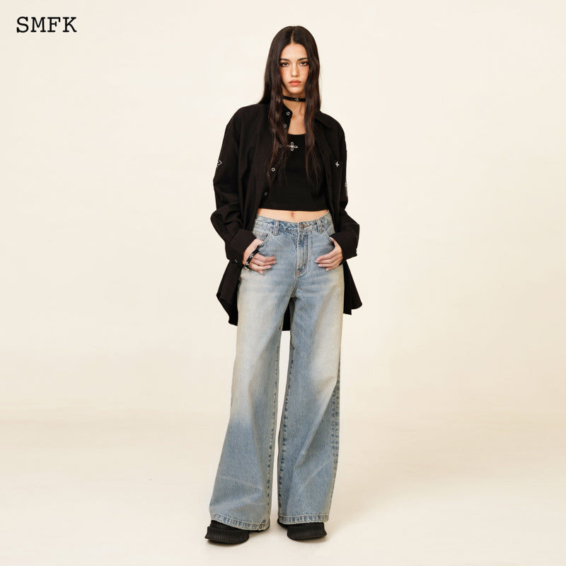 SMFK Compass Mustang Classic Wide Leg Flared Jeans Waxed Blue Jeans