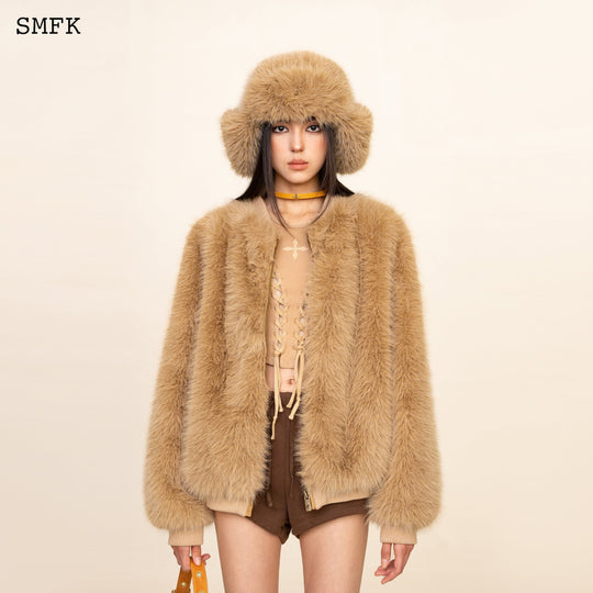 SMFK WildWorld Baseball Faux Fur Jacket In Wheat