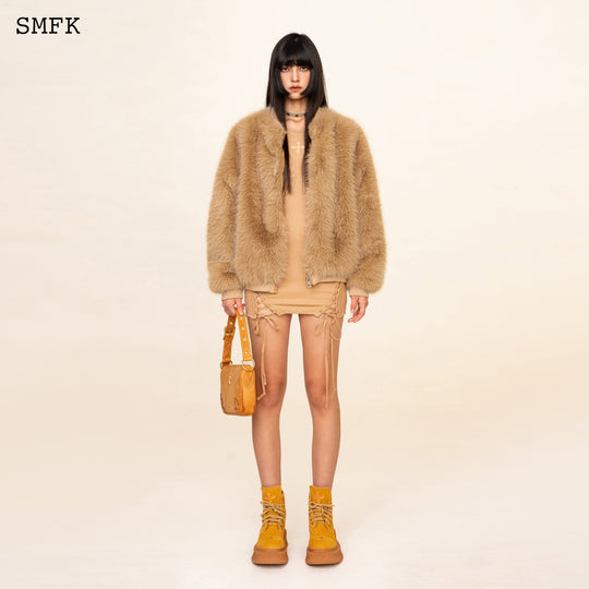 SMFK WildWorld Baseball Faux Fur Jacket In Wheat