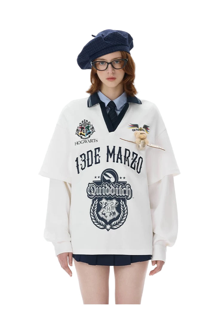 Harry Potter × 13DE MARZO Quidditch Bear Sports Shirt White