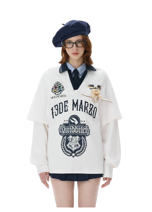 Harry Potter × 13DE MARZO Quidditch Bear Sports Shirt White