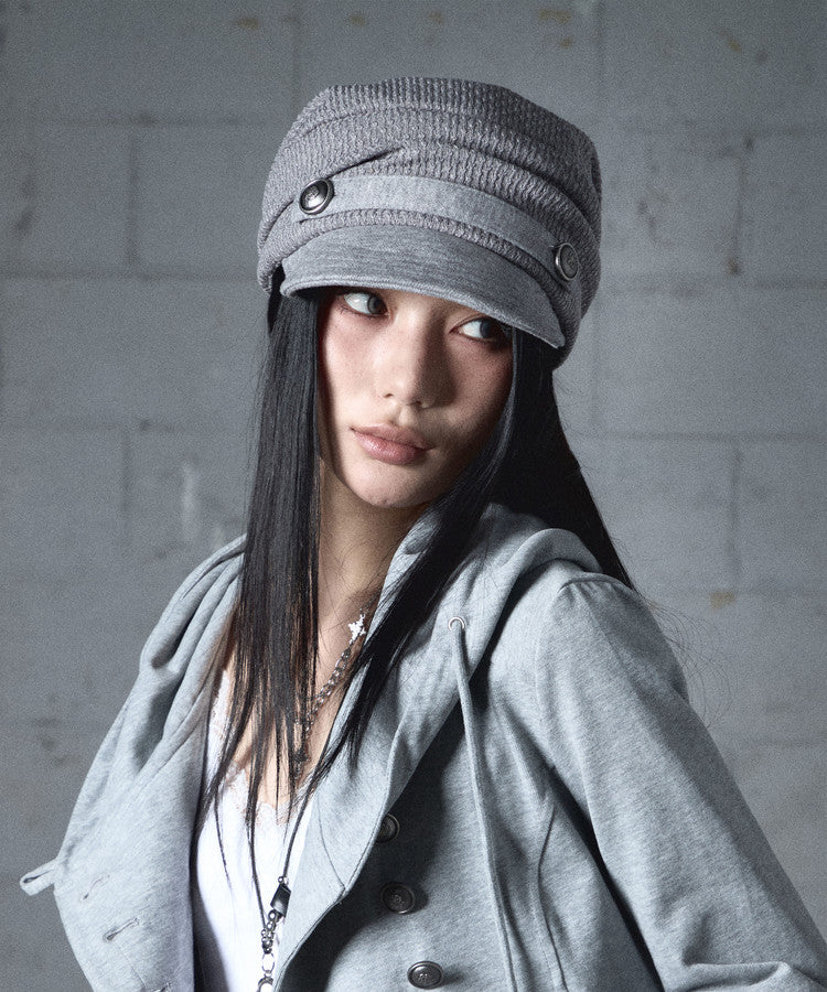 NOTKNOWING Draped Button Knit Cap Grey