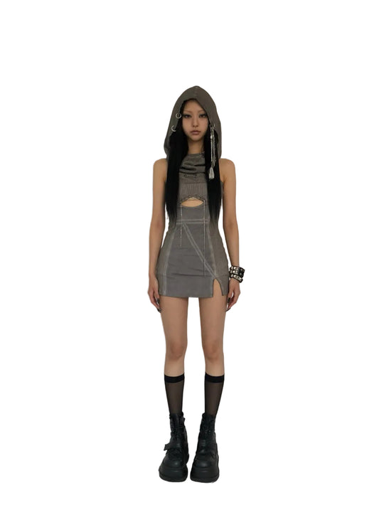 BONEIENKIYE Washing Hoodie Mini Dress
