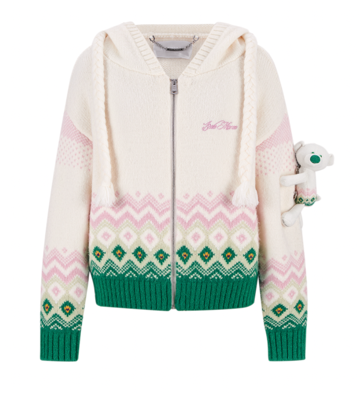 13DE MARZO Fair Isle Bear Cardigan Beige