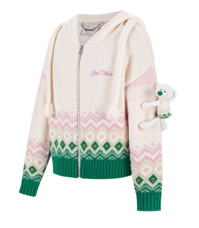 13DE MARZO Fair Isle Bear Cardigan Beige