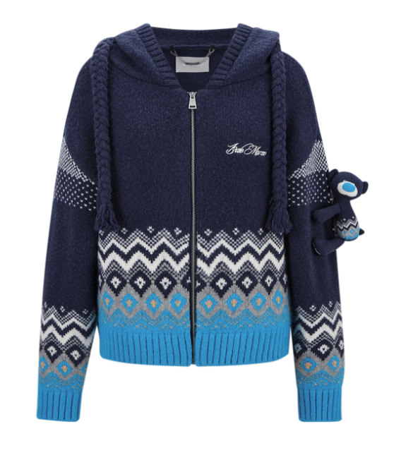 13DE MARZO Fair Isle Bear Cardigan Navy Blue