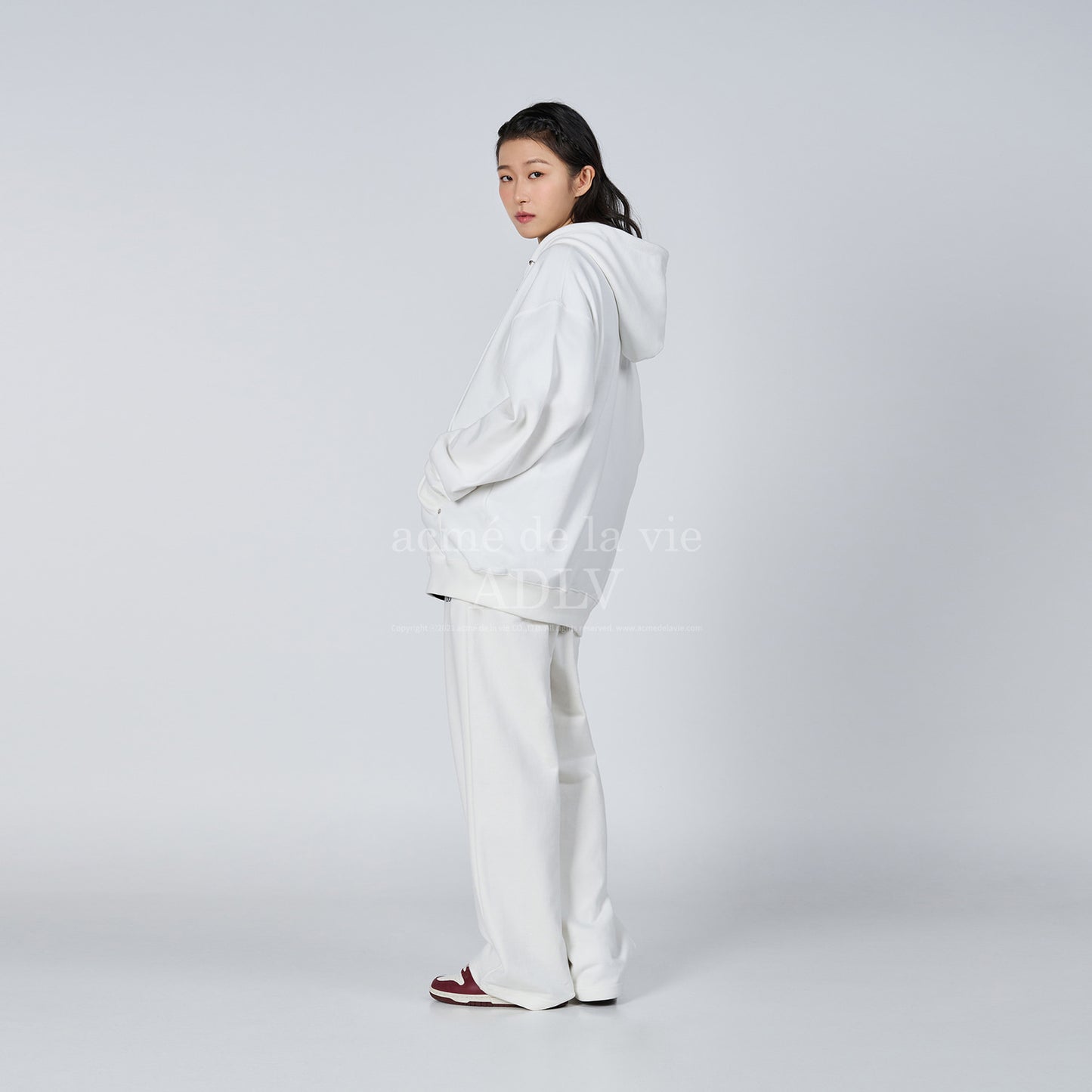 ADLV Basic Logo Needlework Hoodie Zip Up Cream