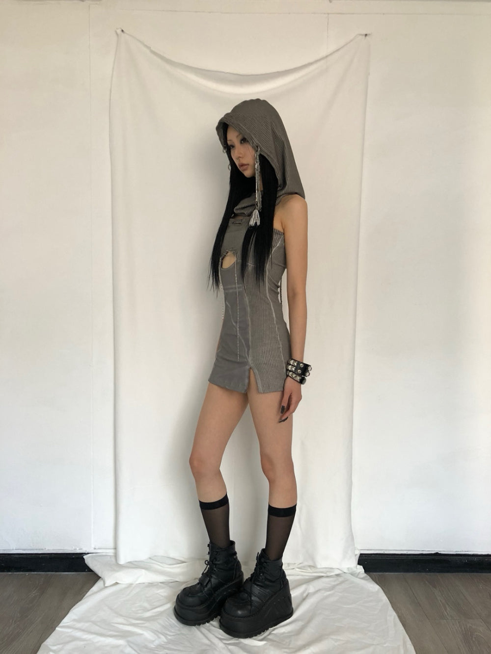 BONEIENKIYE Washing Hoodie Mini Dress