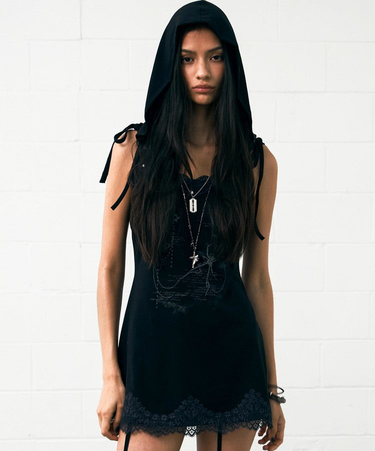 NOTKNOWING  Lace Hoodie Dress Black