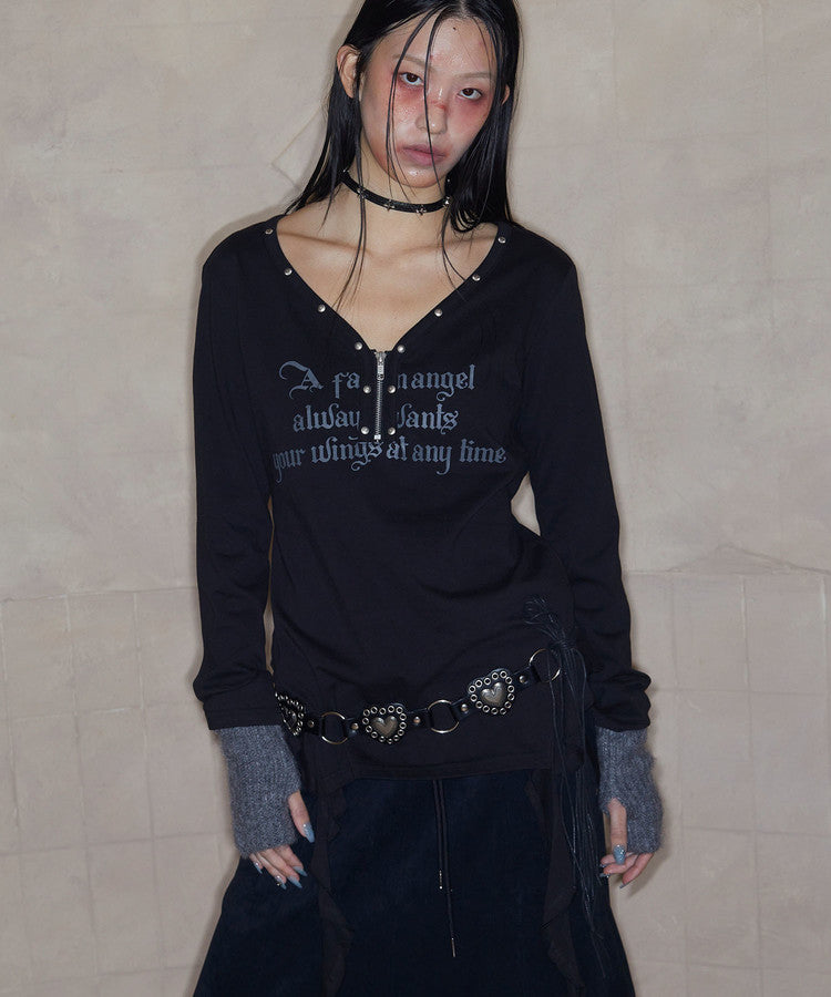 NOTKNOWING STUD V-NECK RUFFLE TOP Black
