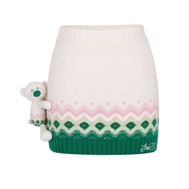 13DE MARZO Fair Isle Bear Knit Dress Beige