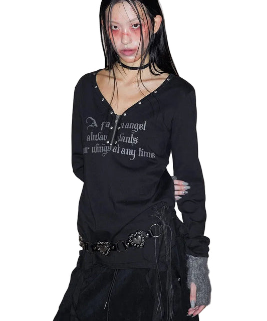 NOTKNOWING STUD V-NECK RUFFLE TOP Black
