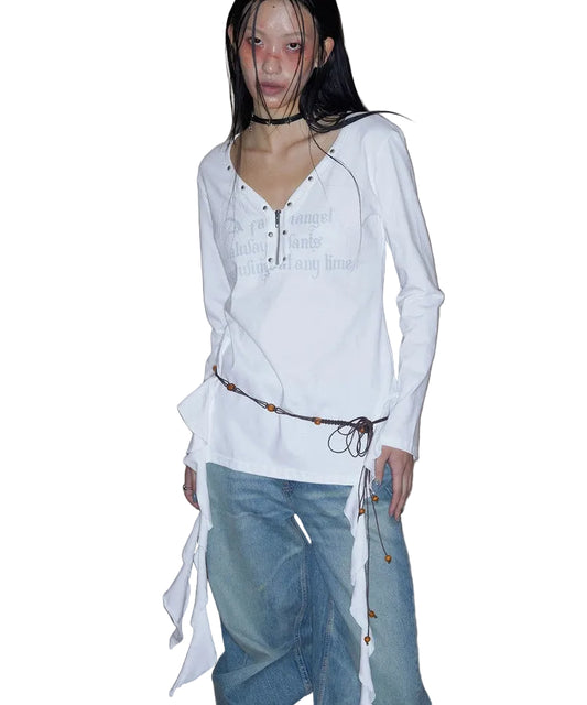 NOTKNOWING STUD V-NECK RUFFLE TOP White
