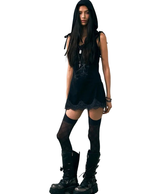 NOTKNOWING  Lace Hoodie Dress Black