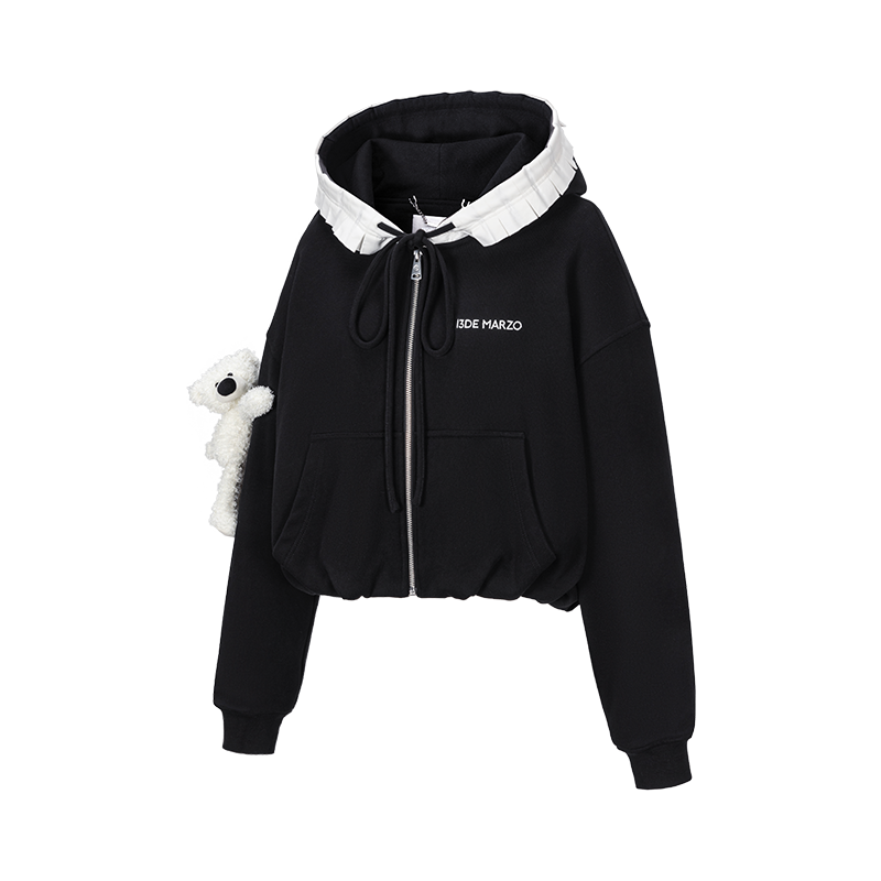 13DE MARZO Lace Edge Zip Hoodie Black