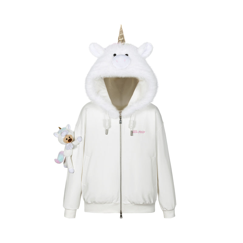 13DE MARZO Unicorn Bear Zipped Hoodie White