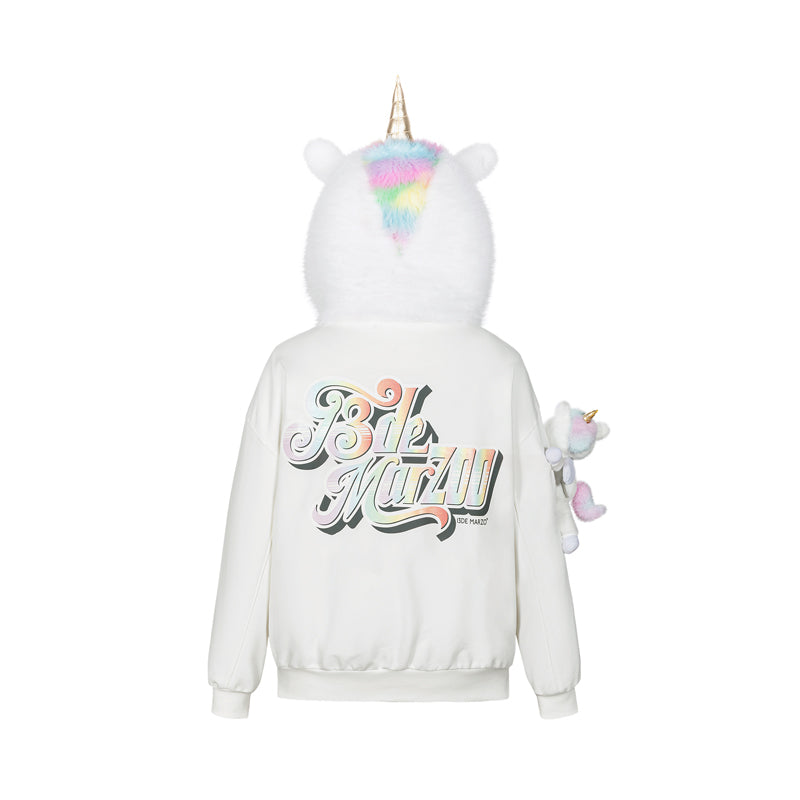 13DE MARZO Unicorn Bear Zipped Hoodie White