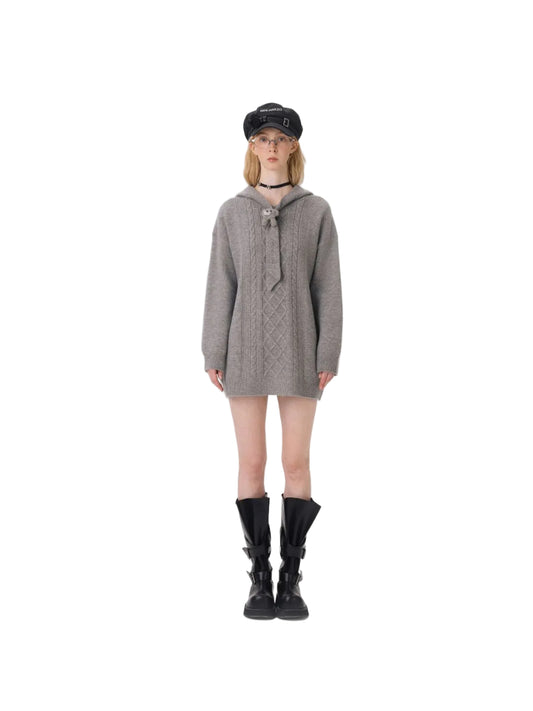 13DE MARZO Bear Knit Hoodie Dress Grey
