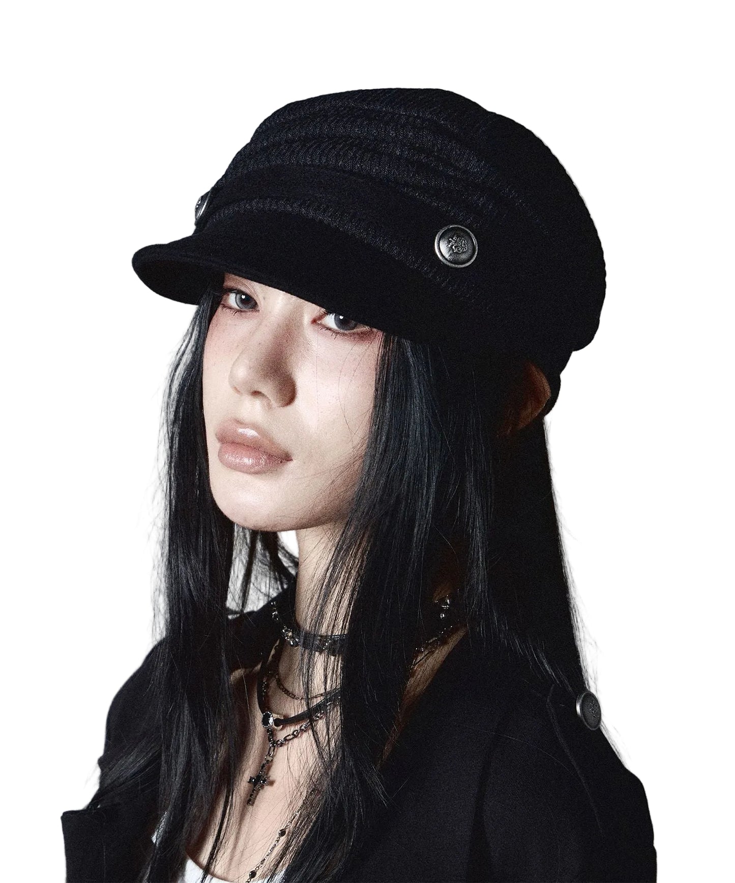 NOTKNOWING Draped Button Knit Cap Black