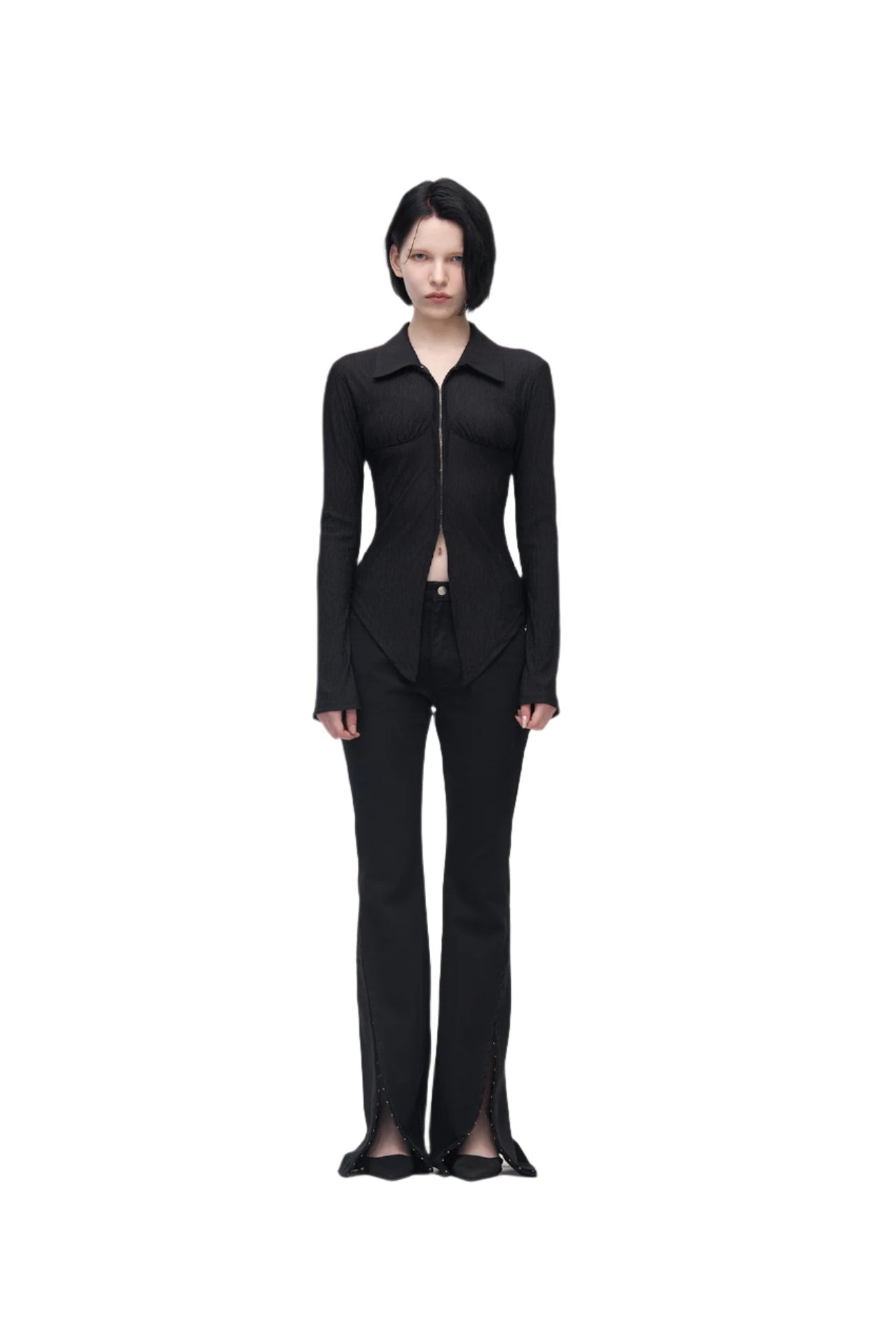 YUSE Pleats Slim Hook Closing Shirt Black