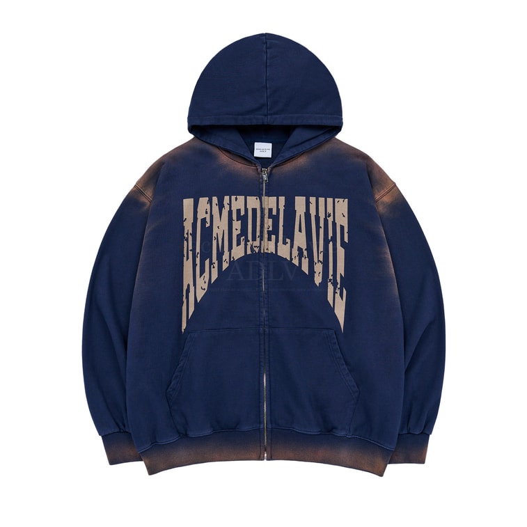 ADLV Front Full Logo Spray Washing Hoodie Zip Up Navy