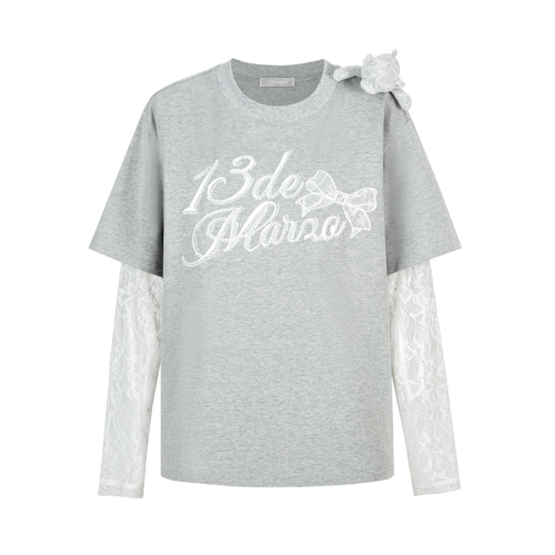13DE MARZO Bear Layered Lacy T-shirt Grey